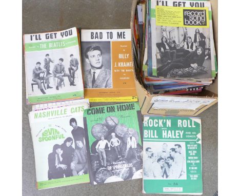 A box of sheet music including The Beatles, The Rolling Stones, Billy J. Kramer and The Dakotas, Bill Hailey and The Springfi