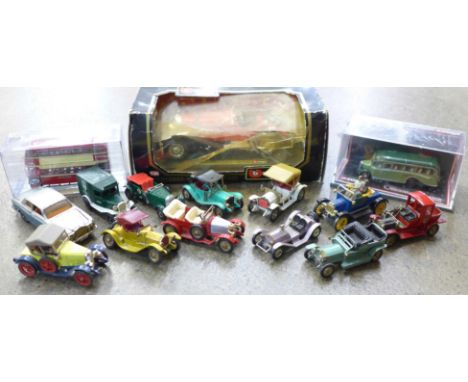 A collection of die-cast vehicles including Lesney, Dinky, two limited edition die-cast buses, a Burago Mercedes-Benz SSK 192