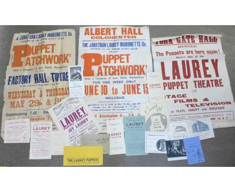 Puppetry collection of puppet ephemera, posters, invites, flyers, etc., 1940's/1950's, from the Laurey Puppet Theatre, Joy La