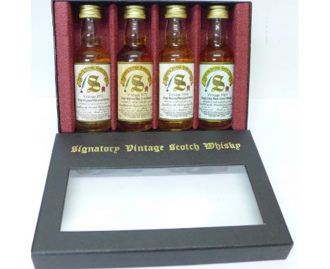 Signatory vintage Scotch Whisky, four limited edition bottles; 1971 bottle no. 1147, 1972 no. 803, 1974 no. 1124 and vintage 