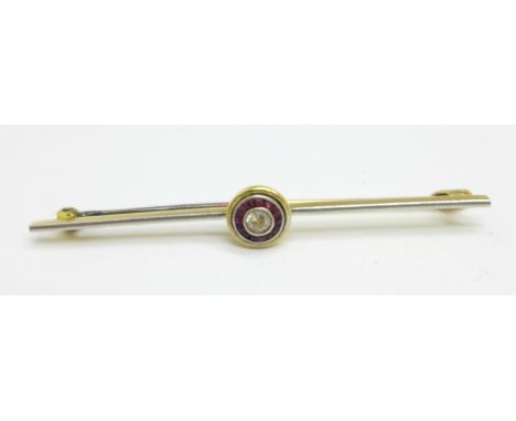 A yellow metal, diamond and ruby brooch, 3.2g 