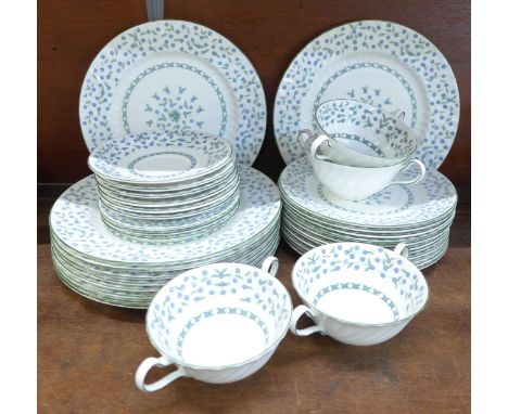 Aynsley Forget Me Not dinnerwares; ten dinner plates, eleven side plates, six saucers, three tea plates and four soup bowls 