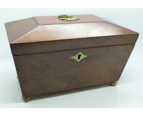 A George III mahogany sarcophagus tea caddy, 26cm 