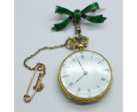 A French Charles Oudin, gold, green enamel and old cut diamond set fob watch, with diamond set button, set on a white metal a