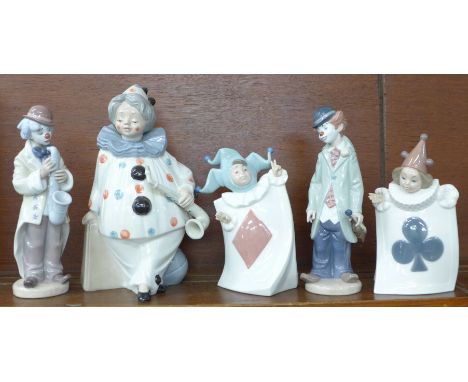 Five Spanish clown and jester figures;- Lladro Sad Sax, model no. 5471, issued 1988, retired, sculptor Francisco Catala, heig