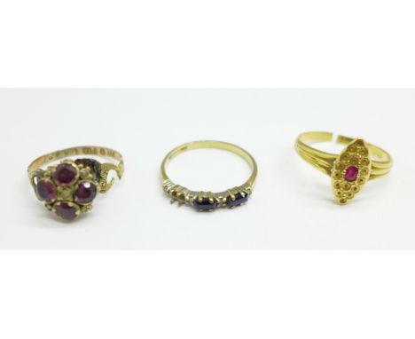 Three gold rings, all a/f, 18ct gold and ruby, 2.3g, 9ct gold, amethyst and seed pearl, 2g, and one other 9ct gold, 1.4g, (to