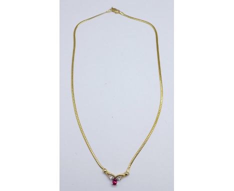 A 9ct gold, ruby and diamond necklet, 6g, 41cm 