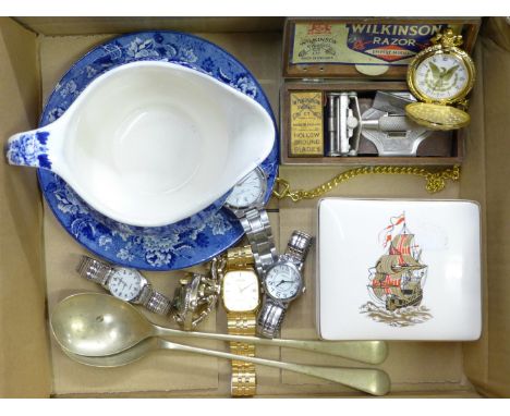 A Wilkinson razor kit, a Woods ware blue and white gravy/sauce boat, wristwatches, plated serving spoons and Sandland Ware li