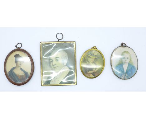 A 19th Century miniature watercolour of a young girl in a gilt oval frame and three other miniature portrait prints 