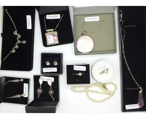 A collection of silver jewellery including mother of pearl, rose quartz and other pink stones 