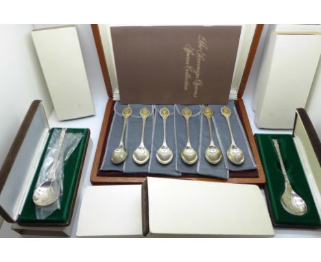 The Sovereign Queens Spoon Collection, cased set of six silver spoons with cameos plated in 24ct gold, 153g, and seven Peter 