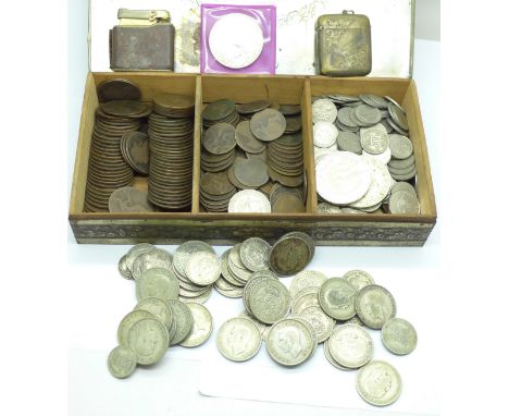A vesta case, a Colibri lighter, and a tin of coins, crowns, pennies, sixpences, half pennies, farthings, etc. (437g pre-1947