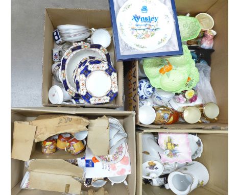 Four boxes of mixed china, a Colclough tea set, Wedgwood and Royal Worcester teawares, an Osborne China Glendale part tea set