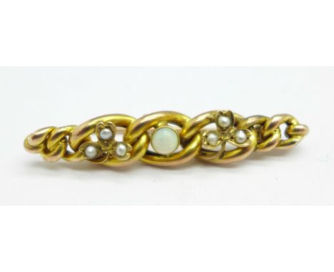 A 9ct gold, opal and seed pearl brooch, lacking hook, 2.5g 