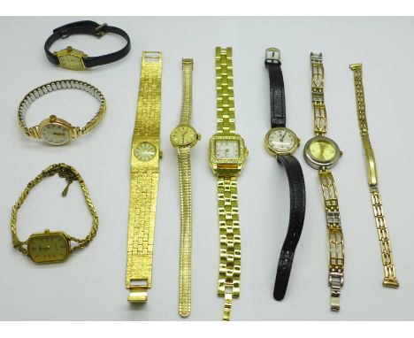 Two lady's 9ct gold cased wristwatches, including Verity with mother of pearl dial, a gold plated Hamilton, five other lady's