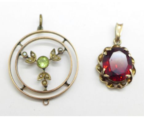 A peridot and pearl pendant, a/f and a red stone pendant, both test as 9ct gold, 4.7g 