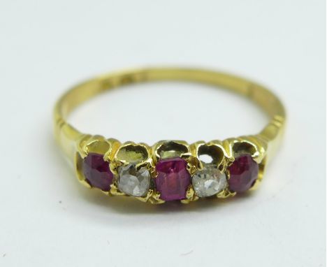 An 18ct gold, ruby and diamond ring, 2.7g, T 