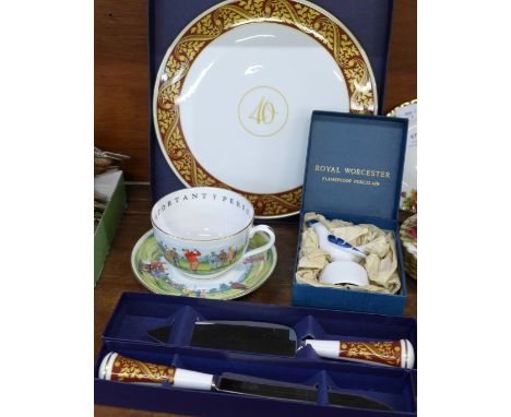 A collection of Royal Worcester porcelain, cake plate, cup and saucer, pie funnel, cake knife and server 
