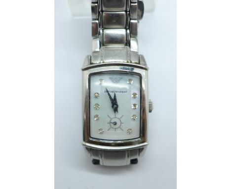 A lady's Emporio Armani diamond, mother of pearl and stainless steel wristwatch 