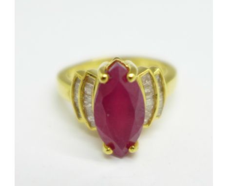 A 925 silver gilt, ruby and diamond ring, M 