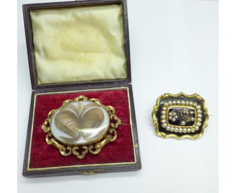 Two mourning brooches, (one lacking a seed pearl and a small diamond) 