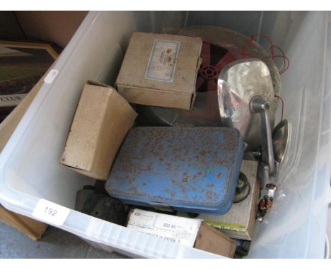 A large box of misc garage ware to include chromed mirrors, misc tools, car radios, etc 