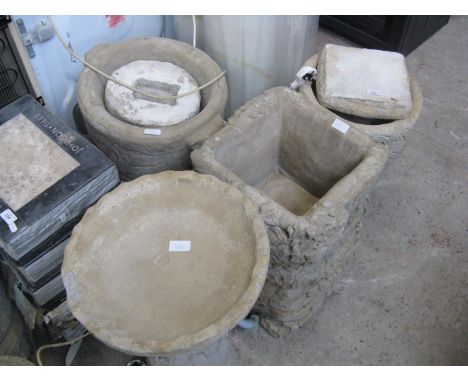 3 pairs of garden planters, a pedestal planter and a pedestal bird bath 