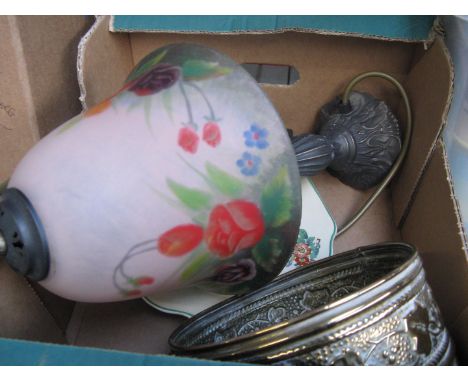 A box of misc including a table lamp, brass bowl, etc 