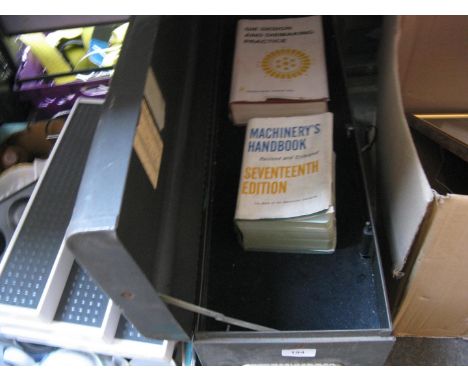 A Power Craft metal toolbox and 2 books related to die making and machinery's handbook 