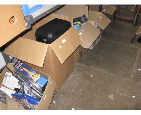 5 boxes of misc including beauty items, car related items, vases, pots, games, tripod, pump, power supply for Scalextric, etc