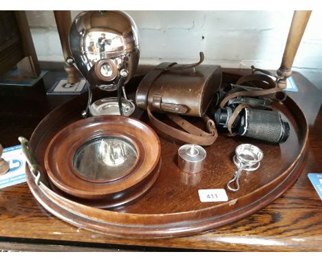 A mahogany twin handled tray, small round mirror, cased Carl Zeiss Jena binoculars and silver plated goblet and egg codler 