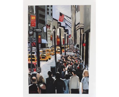 A limited edition print on canvas depicting a New York street scene signed 'Simon'. 