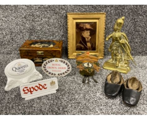 Miscellaneous items including jewellery box, brass soldier, vintage children’s shoes etc