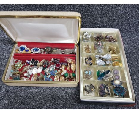 2 boxes of vintage costume earrings mainly clip-ons, mixed gemstones and Czs