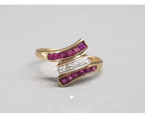 9ct yellow gold diamond and ruby 3 row band ring 5x6x6 size m1/2 2.1g gross