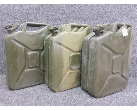 Three large Jerry cans dated 1991 1997 and 2009 with military arrow marks.
