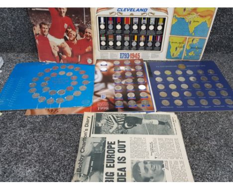 Collection of football memorabilia including medal collections, FA cup 1872-1972, 1970 Worldcup and sticker album Mexico 1970