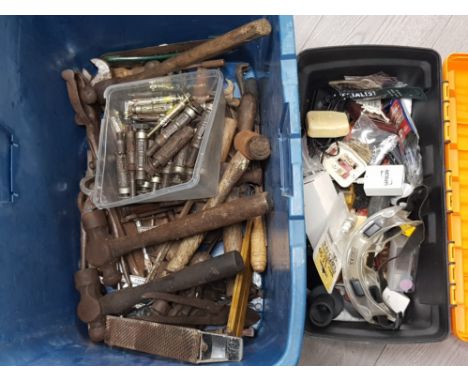 Large box containing mixed vintage hand tools, hammers, spanners etc plus 1 other tool box with contents