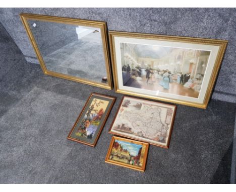 Large gilt framed bevelled edge mirror together with framed dutham map, tapestry etc