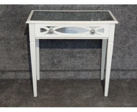 Painted white contemporary hall table with mirror top and single drawer, equiped with 2 porcelain handles, 80x40cm, height 78