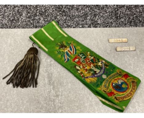 Ancient order of Foresters sash with 1945 and 1946 badges