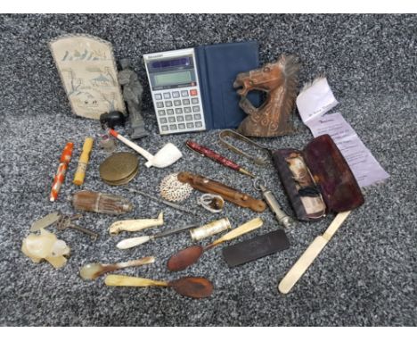 Tub of miscellaneous items inlcluding, smokers pipe, girl guides whistle, sharp calculator etc