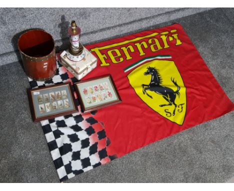 Mixed lot of 6 items including Large Ferrari flag 141x93cm, 2 framed cigarette card collections, sewing box, table lamp etc