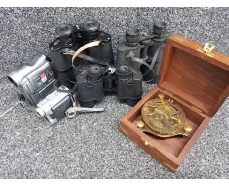 Repro brass effect Minature desktop sundial in box together with 2 camcorders and 3 pairs of binoculars including Tasco, Aqui