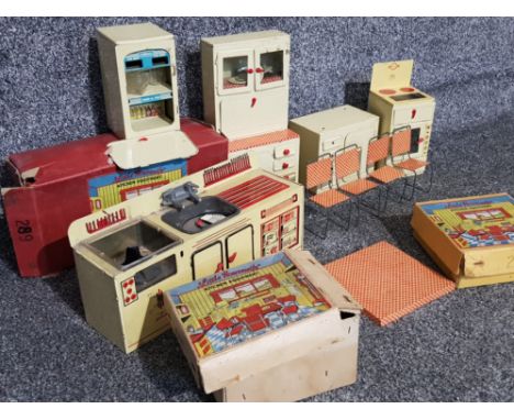Box containing mixed vintage tin Little Housewife kitchen equipment including cooker, kitchen cupboard, 4 chairs etc with box