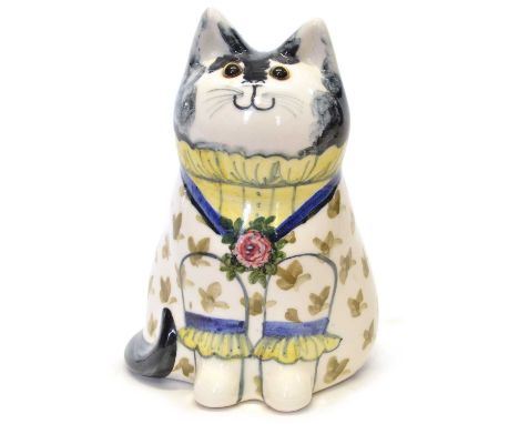 Joan and David De Bethel ceramic cat Joan De Bethel ceramic cat with glass eyes and painted decoration, underside marked 'Joa