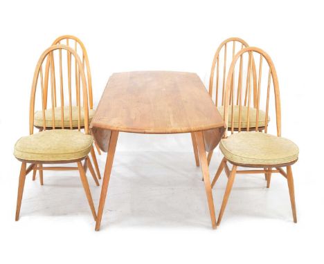 Ercol elm dining table and four chairs Ercol elm dining table and chairs, the drop leaf kitchen table on four tapered legs, m