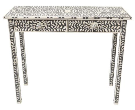 Hall Table Black &amp; White hall table, imitation acrylic ebony and ivory inlaid marquetry decoration with two ceramic handl