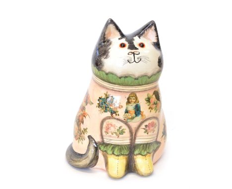 Joan and David De Bethel ceramic cat Joan and David De Bethel ceramic cat with glass eyes and decoupage decoration of flowers