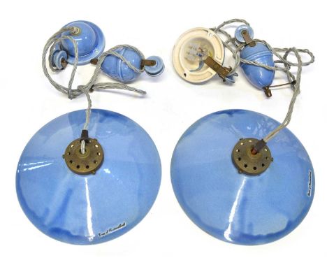 Pair of Blue Terre d'Hautaniboul Lights Pair of blue ceramic 'rise &amp; fall' light fittings by Terre d'Hautaniboul, with im